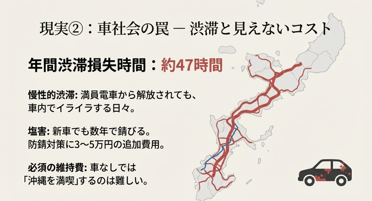年間渋滞損失時間約47時間や、塩害対策費用(3〜5万円)など、沖縄の車社会における見えないコスト