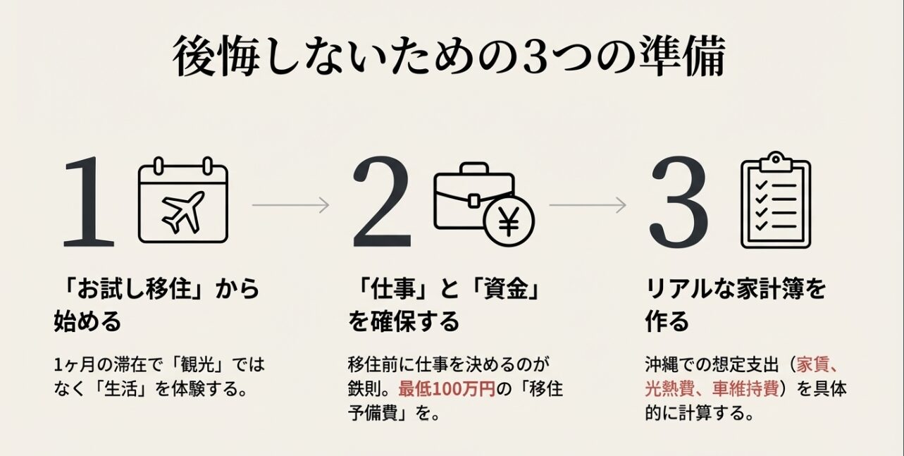 お試し移住、仕事と資金の確保(予備費100万円)、リアルな家計簿作成という3つの具体的な準備ステップ