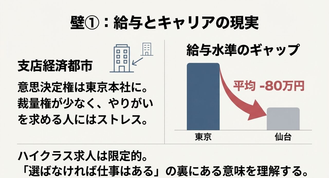 東京と仙台の給与水準のギャップと、意思決定権が東京本社にある支店経済の仕組みを示す図解