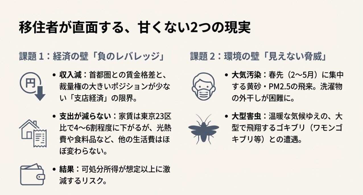 福岡移住の2つの現実的な課題：年収低下の経済的壁とPM2.5・害虫などの環境リスク