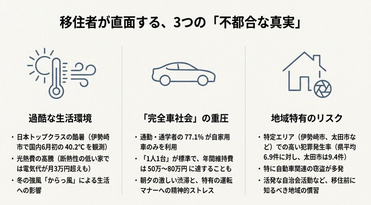 過酷な環境、車社会の重圧、地域特性リスク