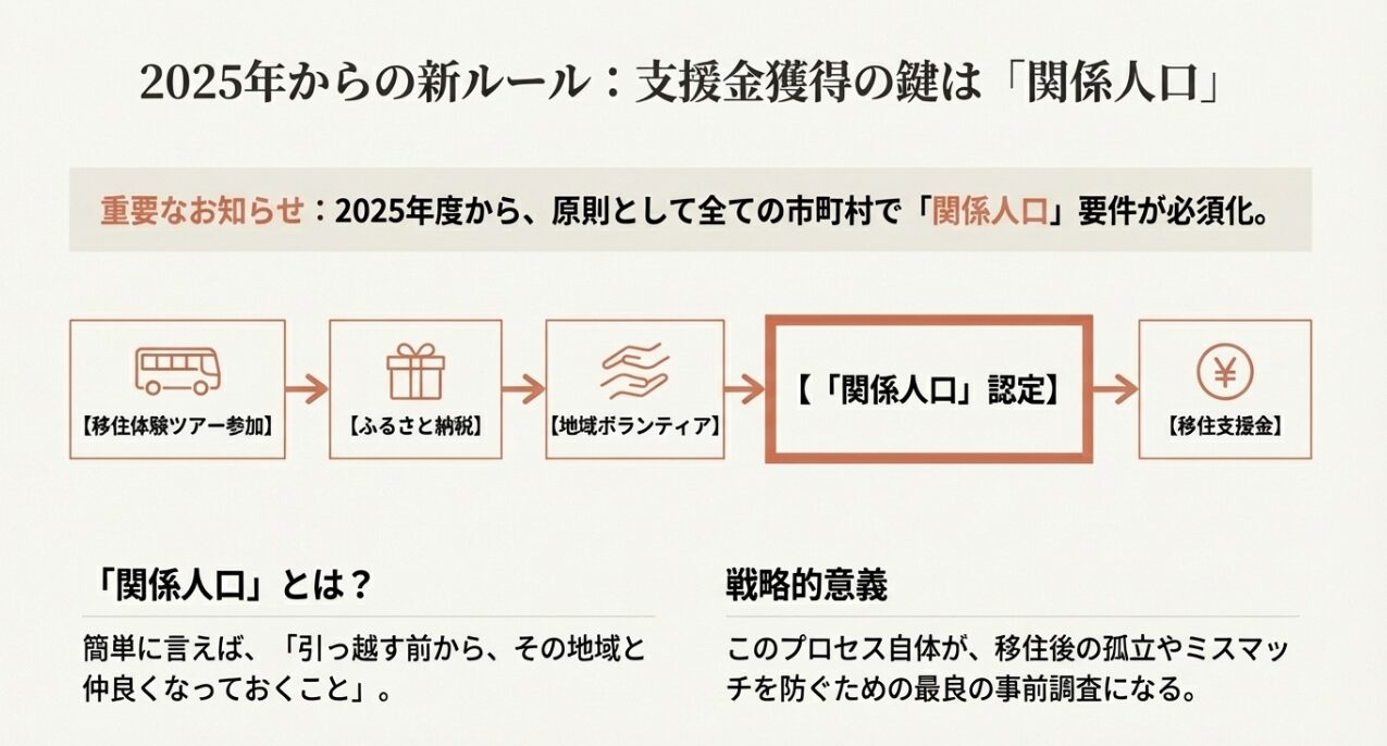 移住支援金獲得の鍵となる関係人口の定義と認定プロセスの図解
