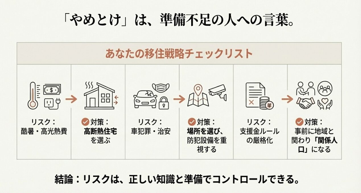 酷暑、治安、支援金ルールのリスクと対策をまとめた移住戦略チェックリスト