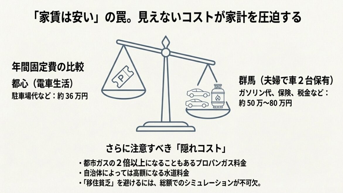 電車生活の都心と車2台保有の群馬の年間コスト比較グラフおよびプロパンガス・水道代の注意点