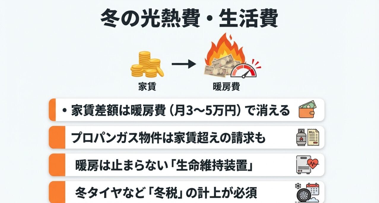 月3〜5万円かかる暖房費やプロパンガスの注意点、冬タイヤなどの隠れたコスト「冬税」について解説したスライド