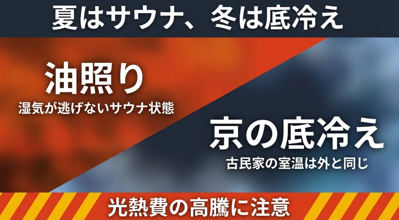 京都盆地特有の「油照り(サウナ状態)」と「底冷え」を表現し、古民家の断熱性不足による光熱費高騰を警告する図。