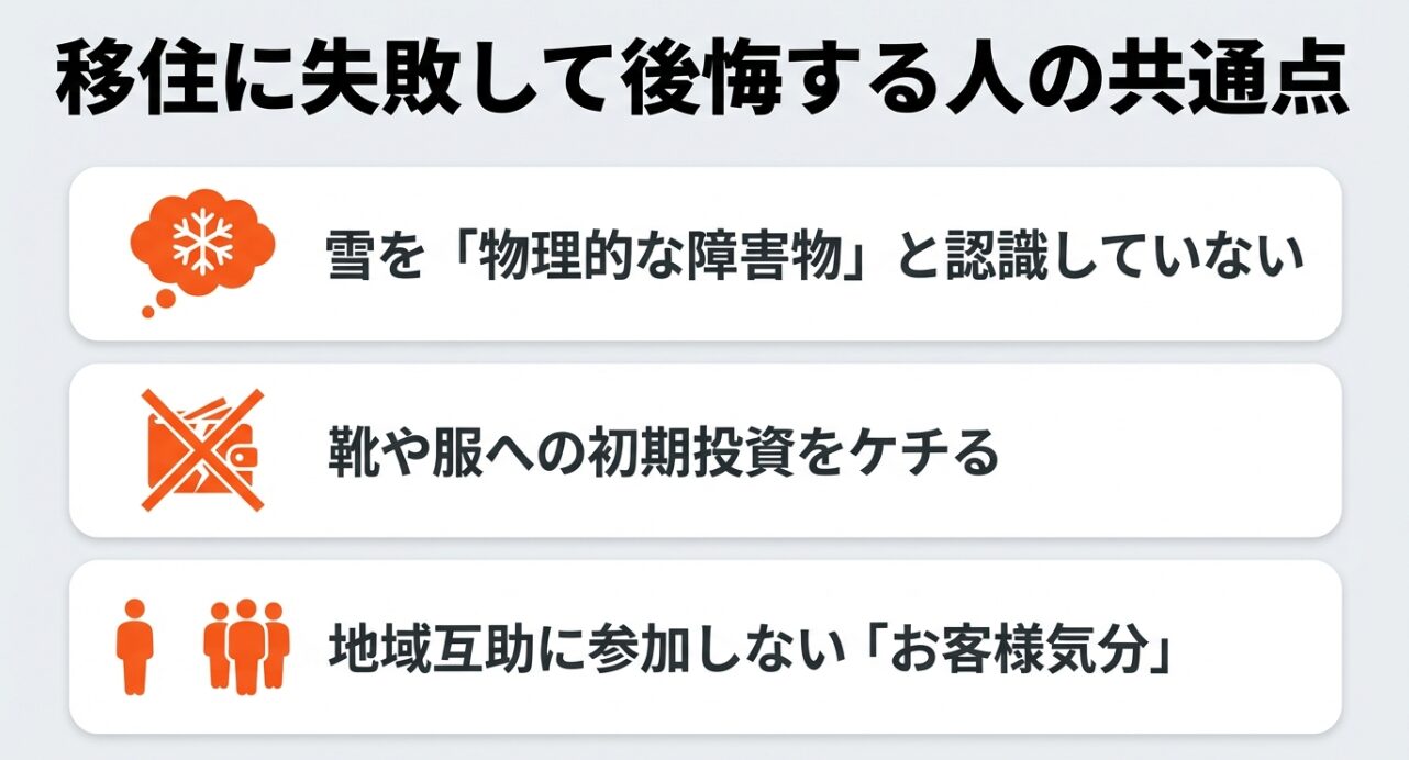 雪を障害物と認識していない、装備への投資をケチる、地域互助に参加しないなど、移住失敗者の特徴リスト