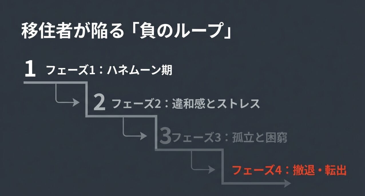 移住後の心理変化のグラフ。ハネムーン期、違和感とストレス、孤立と困窮を経て、撤退・転出に至るまでのプロセス。