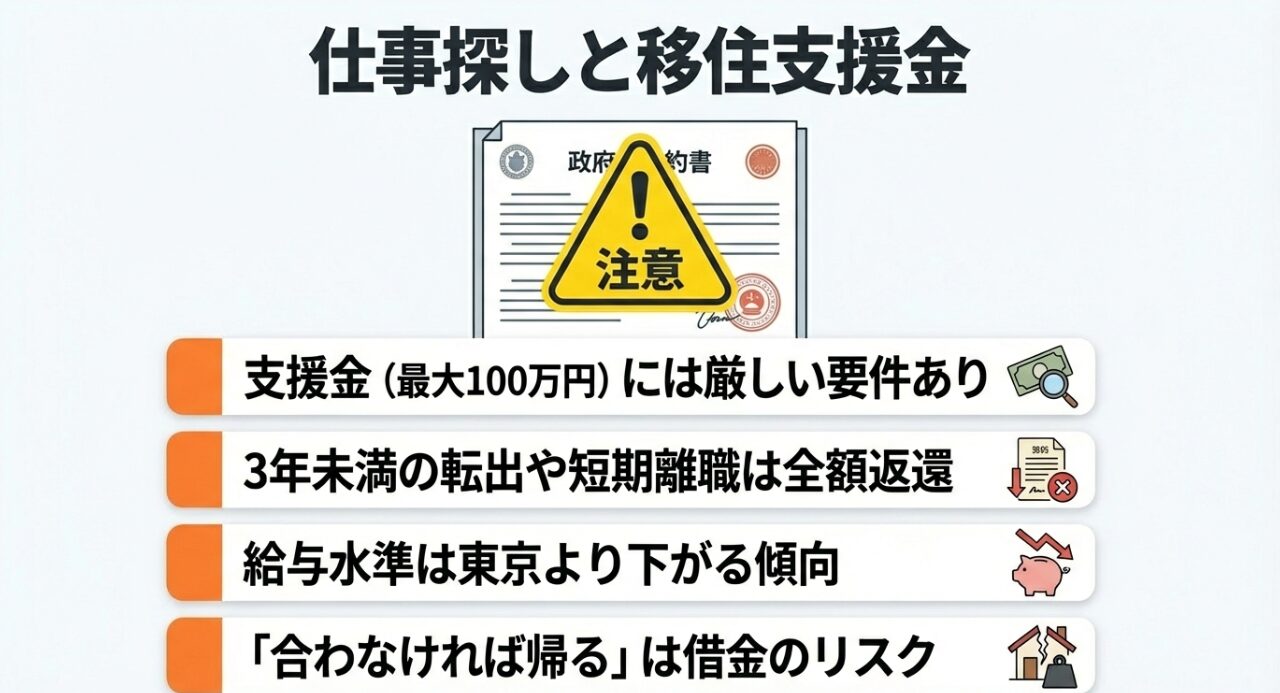 最大100万円の支援金に伴う居住要件や、3年未満の転出・短期離職による全額返還リスクを解説した資料