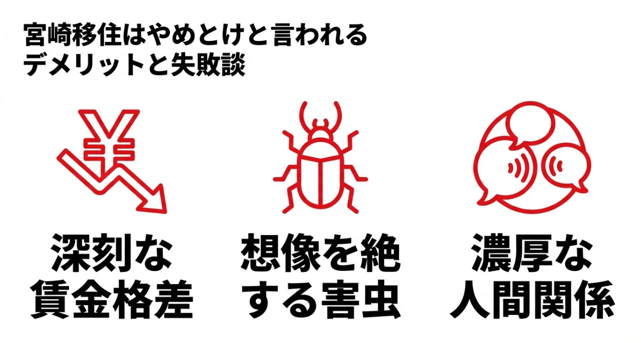 宮崎移住はやめとけと言われる3大リスク:賃金格差、害虫被害、濃厚な人間関係の図解