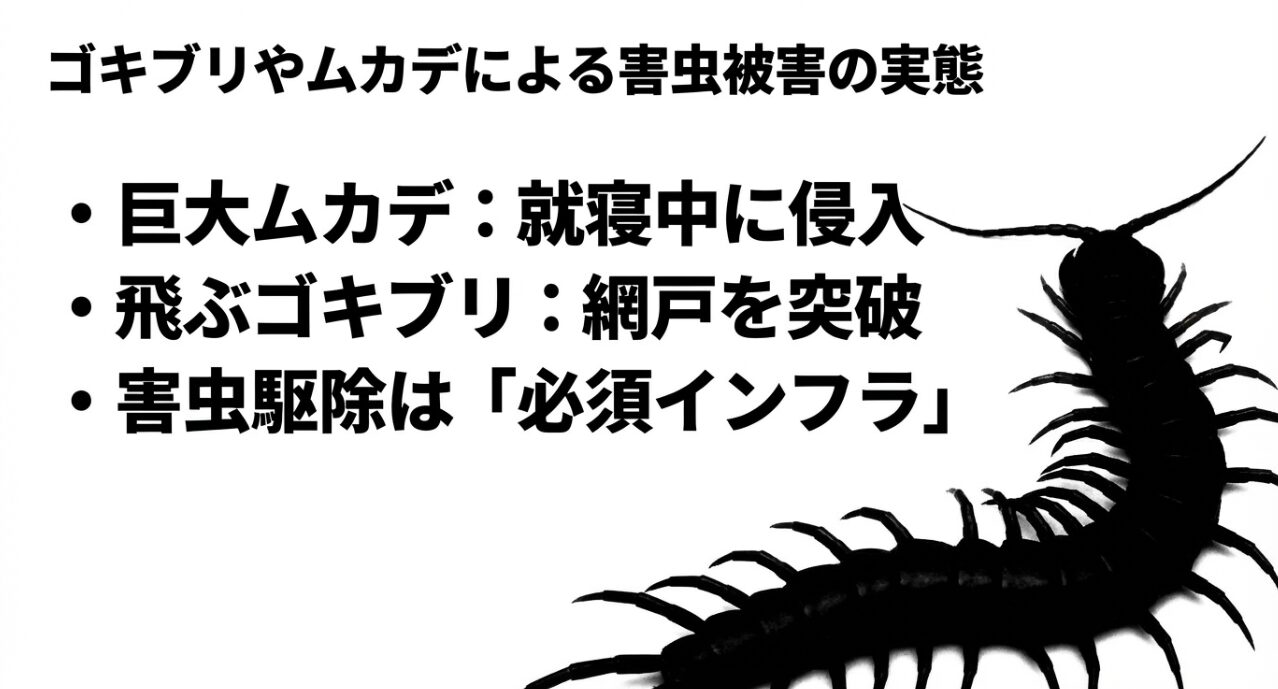 宮崎の害虫被害実態:就寝中に侵入する巨大ムカデと網戸を突破する飛ぶゴキブリ