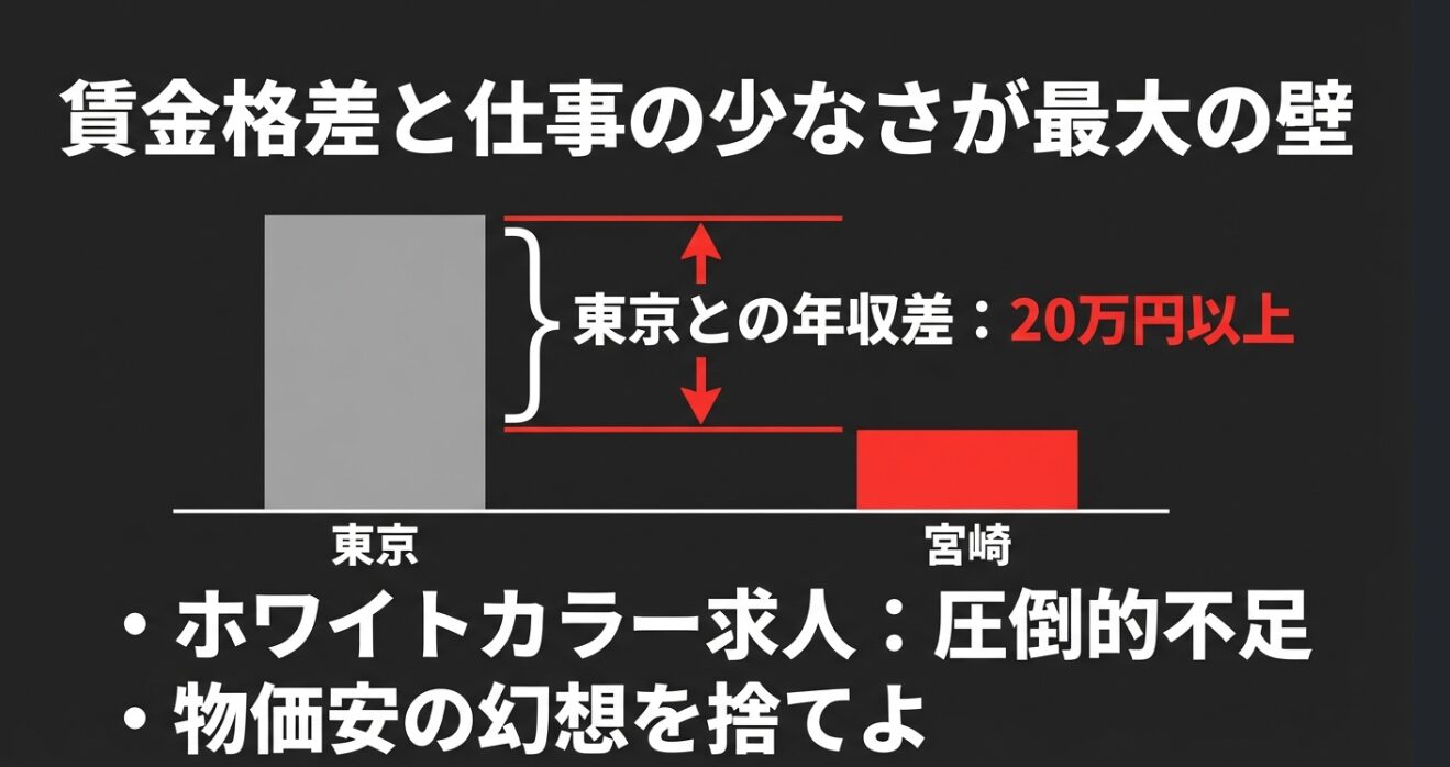 東京と宮崎の年収差20万円以上とホワイトカラー求人の圧倒的不足を示す比較図