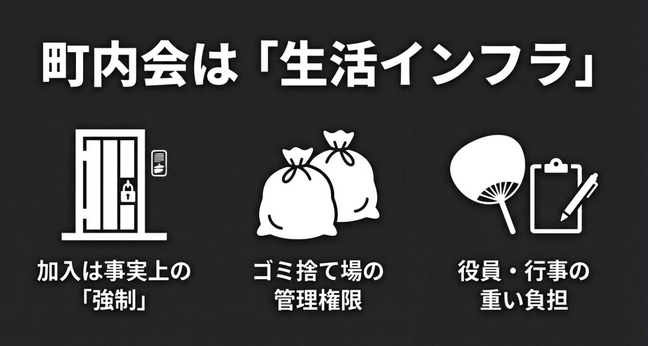 町内会がゴミ捨て場の管理権限や生活インフラを握っている構造と、役員・行事への参加負担を示すイラスト。