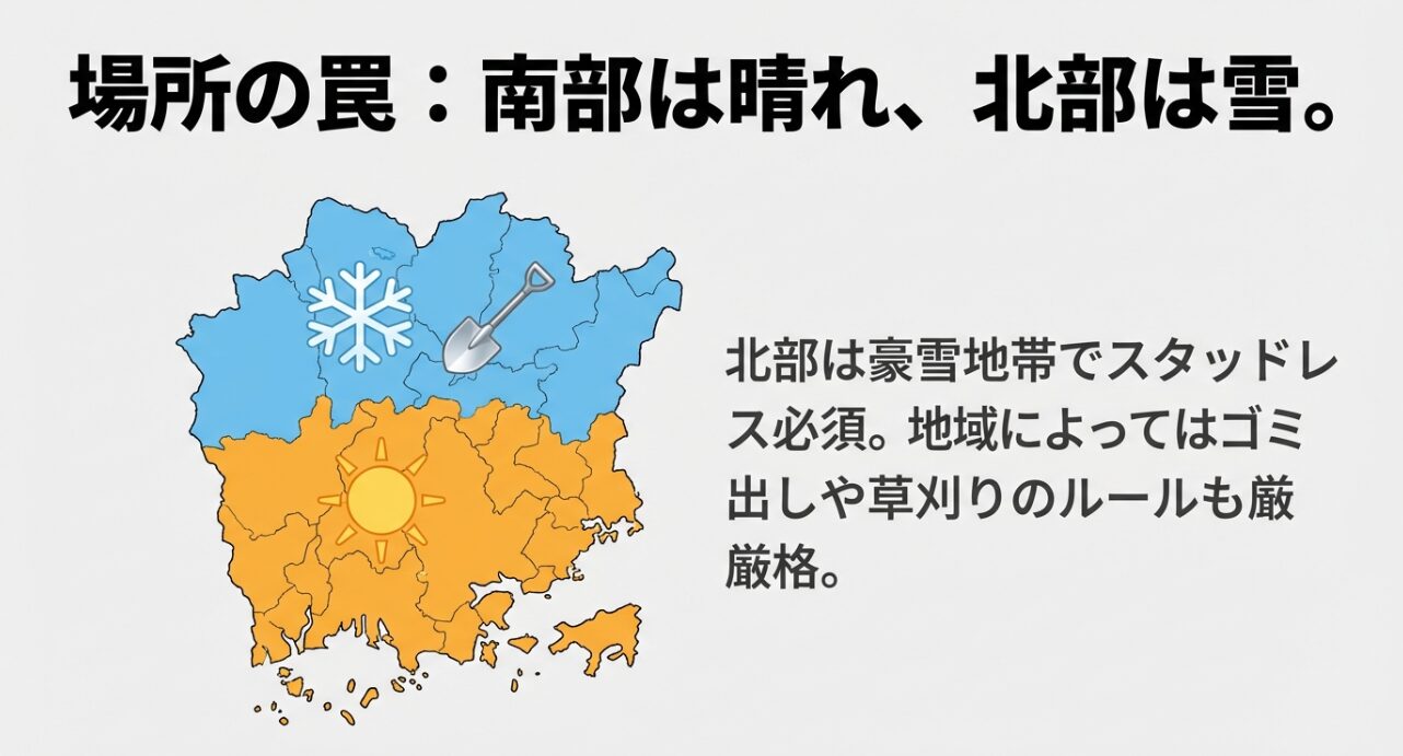 岡山県の地図。南部は温暖な晴れの国だが、北部は冬に積雪があることを示すイラストマップ