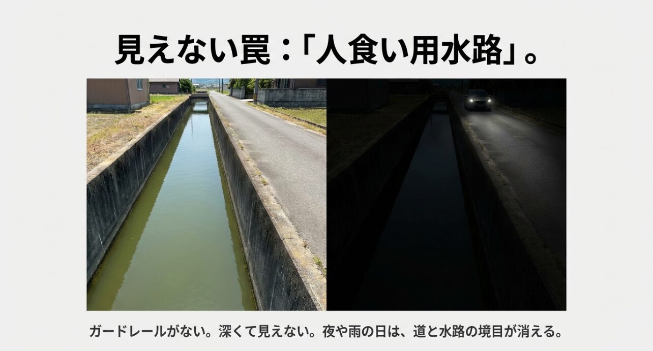 岡山県にある柵のない用水路。夜間や雨天時に道路と水路の境界が見えなくなる危険な様子の比較画像