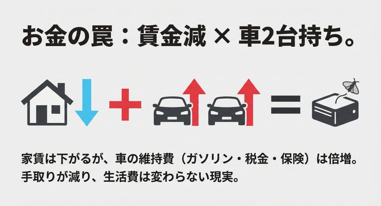地方移住で家賃は下がるが、車の維持費や税金で支出が増え、手取り減と合わせて生活が苦しくなる図解