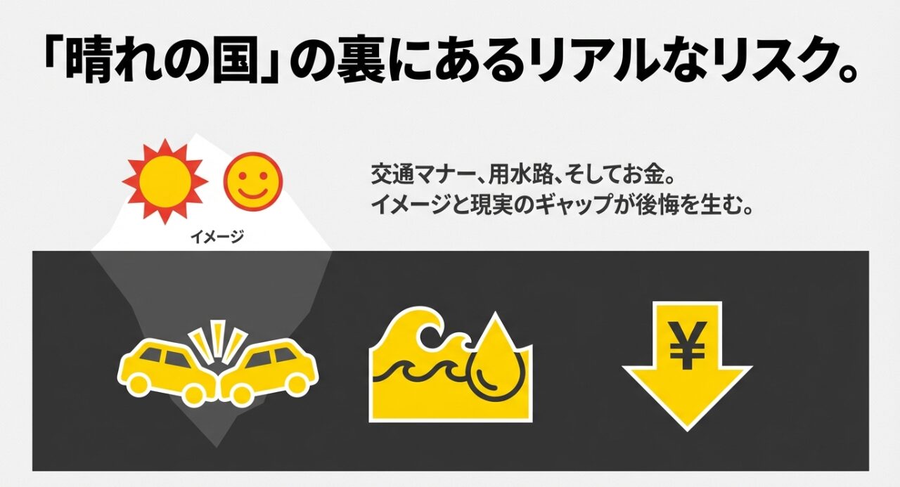 晴れの国の太陽、交通事故、水害リスク、収入減を示すアイコン。岡山移住のメリットとデメリットの対比図