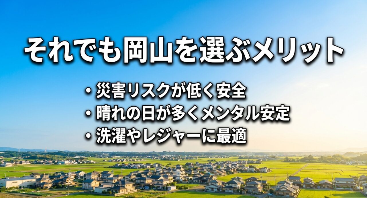 岡山移住のメリットとして、災害リスクの低さ、晴れの日の多さによるメンタル安定、洗濯やレジャーへの適性を挙げているスライド