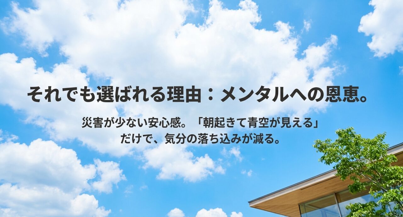 晴れの国岡山の天候がメンタルヘルスに与える良い影響と、災害が少ないという安心感を示すイメージ