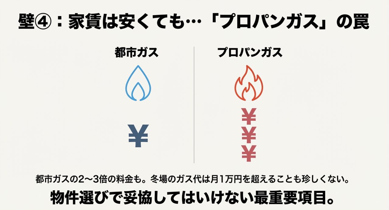 都市ガスとプロパンガスの料金格差を示す比較イラスト。冬場のガス代が高騰するリスクを警告