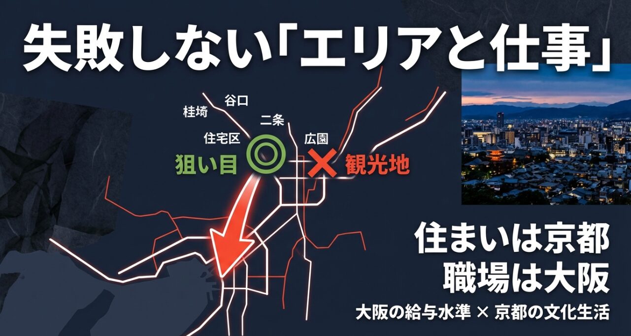 京都の地図上で二条、桂、伏見などの狙い目エリアを示し、「住まいは京都、職場は大阪」という働き方のメリットを解説した図。