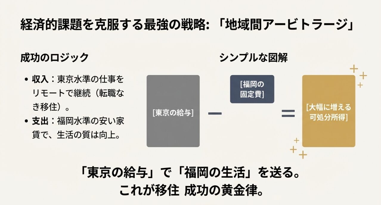 東京の給与を維持し福岡の生活コストで暮らす「地域間アービトラージ」の成功図解