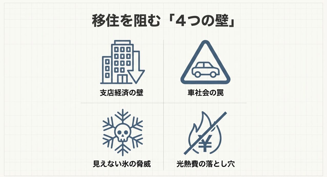 移住を阻む4つの壁(支店経済の壁、車社会の罠、見えない氷の脅威、光熱費の落とし穴)