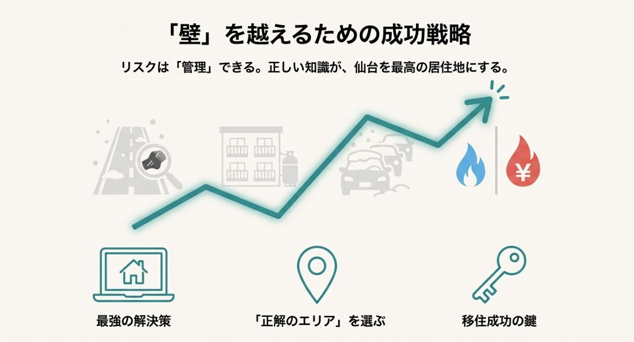 「リスクは管理できる」というメッセージと、正解のエリア選びを示唆するイメージ