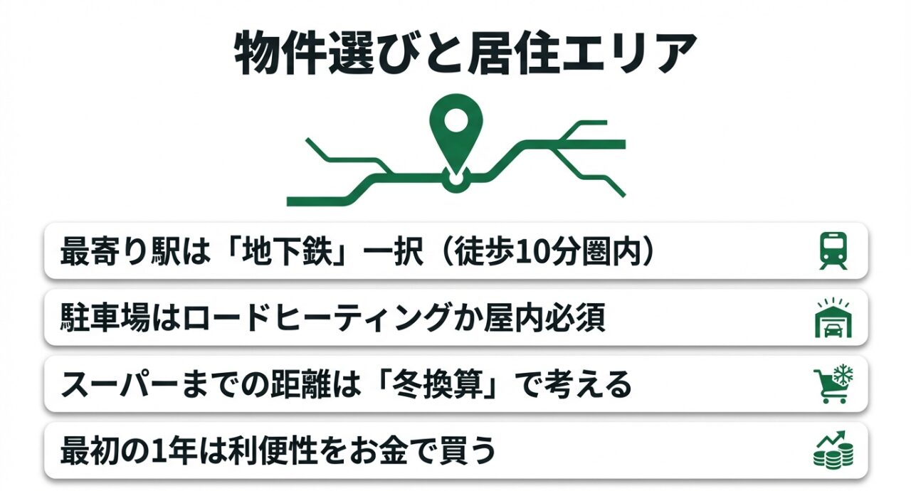 地下鉄駅徒歩10分圏内の重要性やロードヒーティングの有無など、冬を快適に過ごすための物件選びの基準を示した地図イラスト