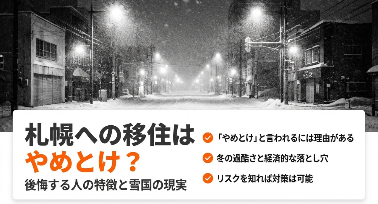 札幌移住のリスクと後悔する人の特徴、雪国の現実についてまとめたスライド資料の表紙