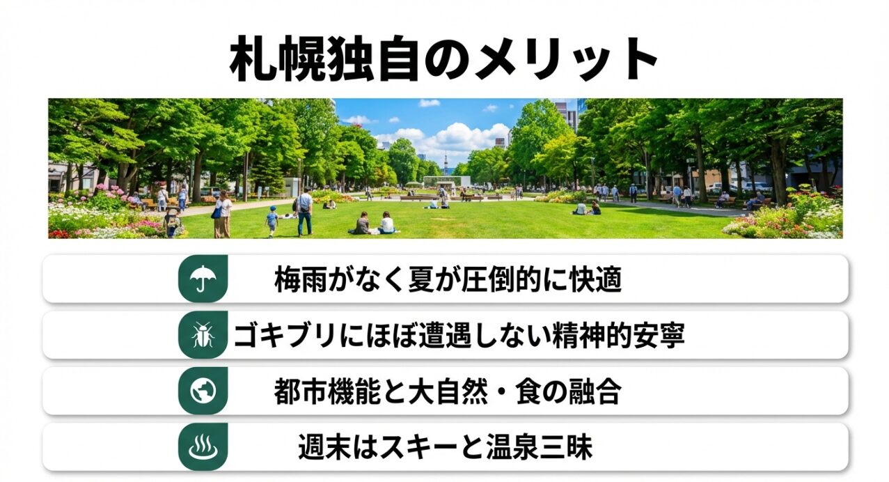 梅雨がなく夏が快適、ゴキブリがいない、都市機能と大自然の融合など、札幌生活の魅力をまとめたスライド