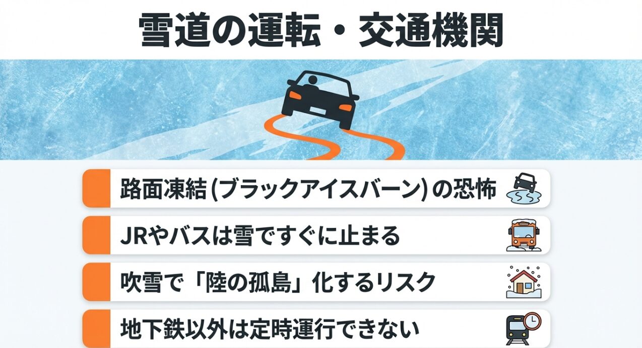 ブラックアイスバーンの恐怖やJR・バスの運休リスク、地下鉄の優位性をまとめた解説画像