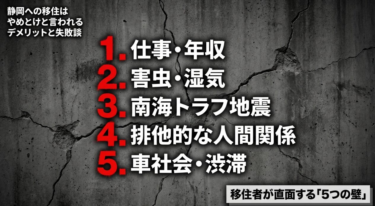 静岡への移住はやめとけと言われる5つのデメリット(仕事・害虫・地震・人間関係・渋滞)