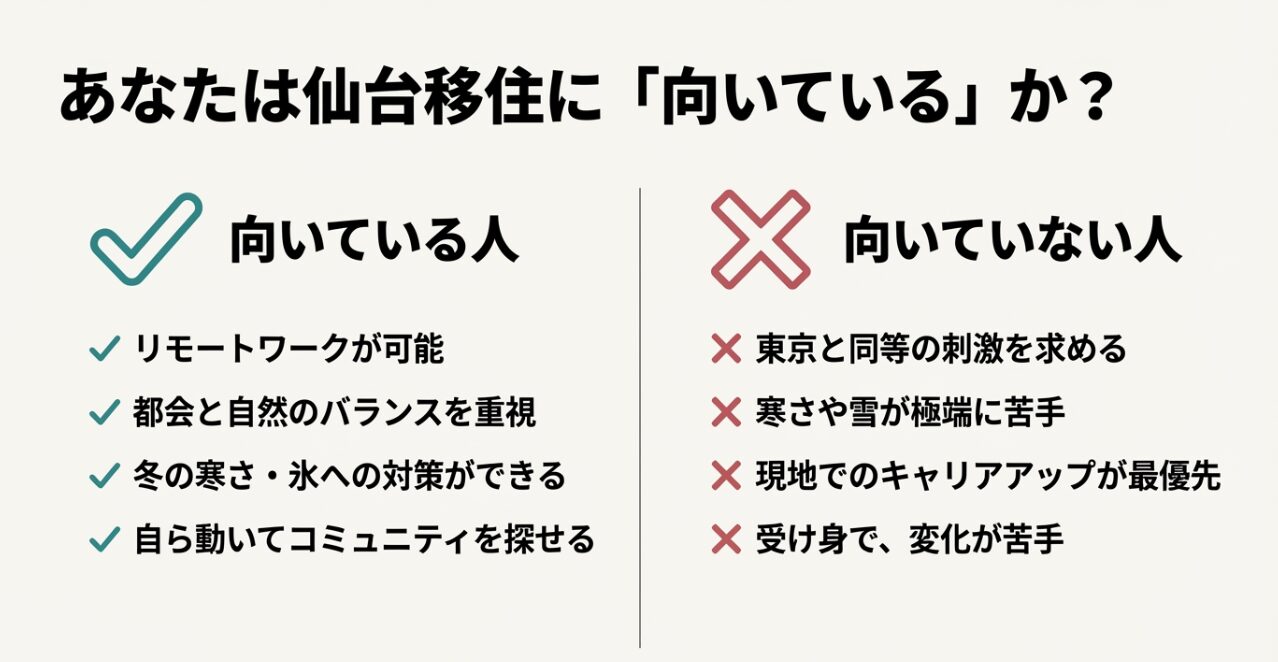 仙台移住に向いている人(リモートワーク、自然重視など)と向いていない人(刺激を求める、雪が苦手など)の比較リスト