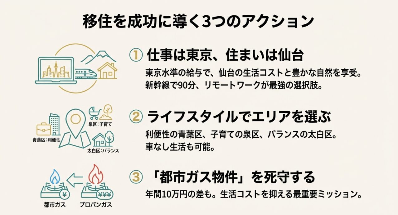 移住成功の3大要素:仕事は東京(リモートワーク)、ライフスタイルに合わせたエリア選定、都市ガス物件の死守