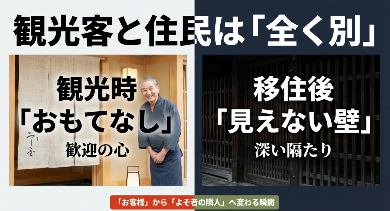 観光時の「おもてなし」で歓迎される暖簾の向こう側と、移住後に感じる「見えない壁」や心の隔たりを比較した図