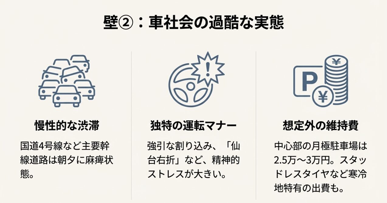 慢性的な渋滞の様子と、月額3万円近い駐車場代やスタッドレスタイヤなどの維持費を示すイラスト