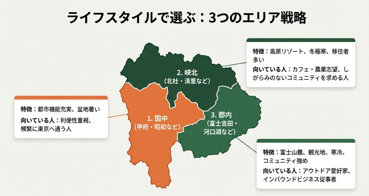 国中エリア・峡北エリア・郡内エリアの特徴と向いている人の比較図