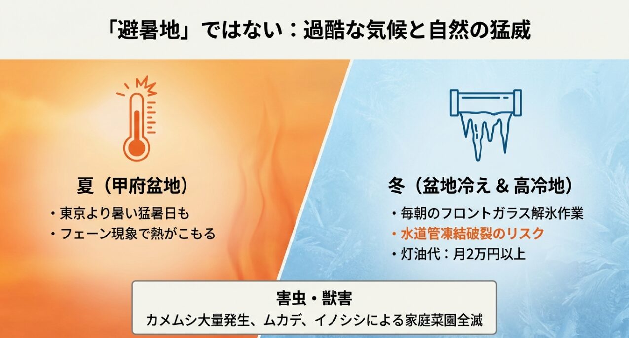 甲府盆地の猛暑と高冷地の冬の寒さ、水道管凍結などの物理的リスク一覧
