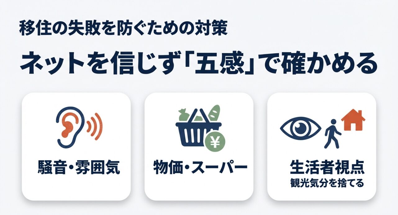 ネットを信じず五感で確かめることの重要性や、騒音・雰囲気・物価などを生活者視点でチェックすることを推奨するスライド