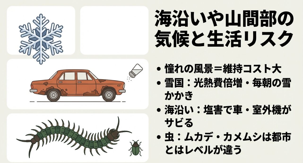 雪の結晶、塩害で錆びた車、ムカデなどの害虫イラスト