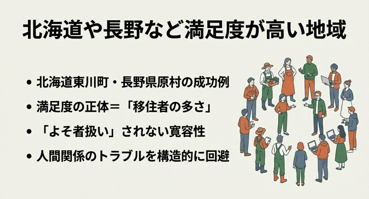 移住者と地域住民が円になって交流しているイラスト、満足度の高いコミュニティ