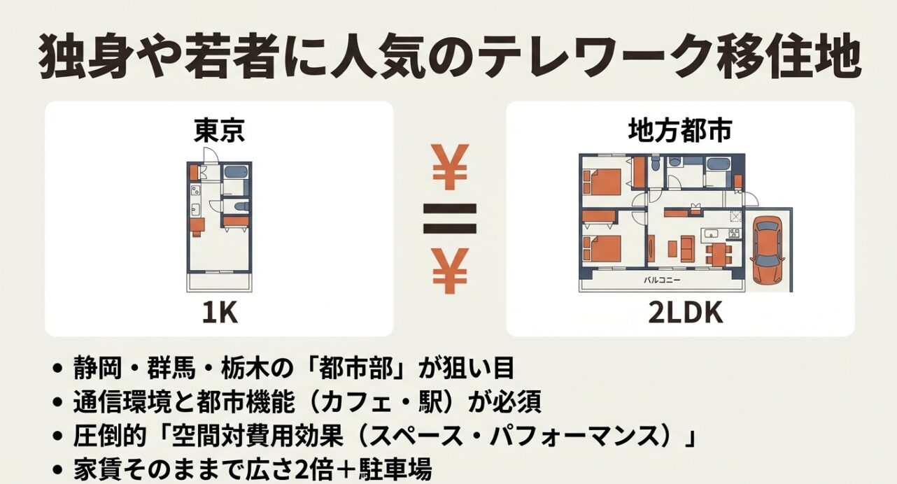 都心の狭い1Kと地方の広い2LDK＋駐車場付き物件の間取り比較図