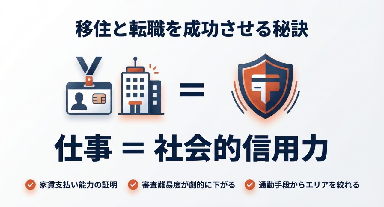 仕事が決まっていることは家賃支払い能力の証明となり、賃貸審査難易度が劇的に下がることを示すスライド