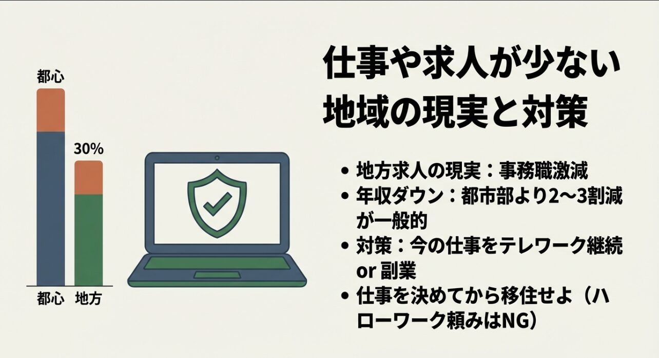 都心と地方の年収格差グラフとテレワーク推奨のイラスト