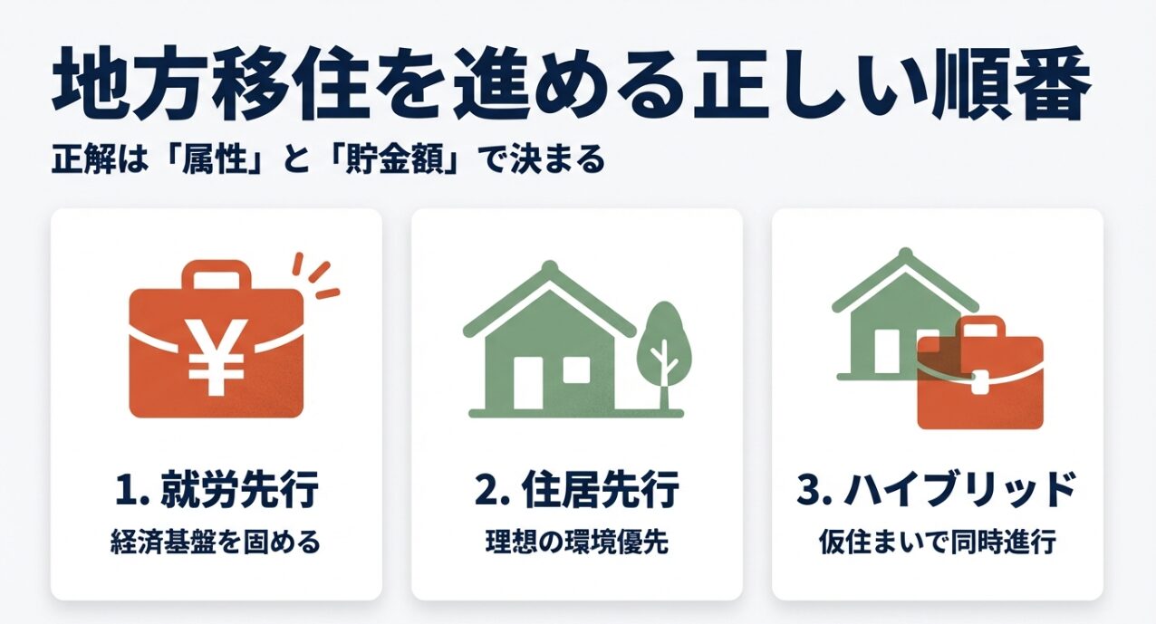 地方移住を進める順番として、就労先行、住居先行、ハイブリッドの3つの正解パターンを図解したスライド