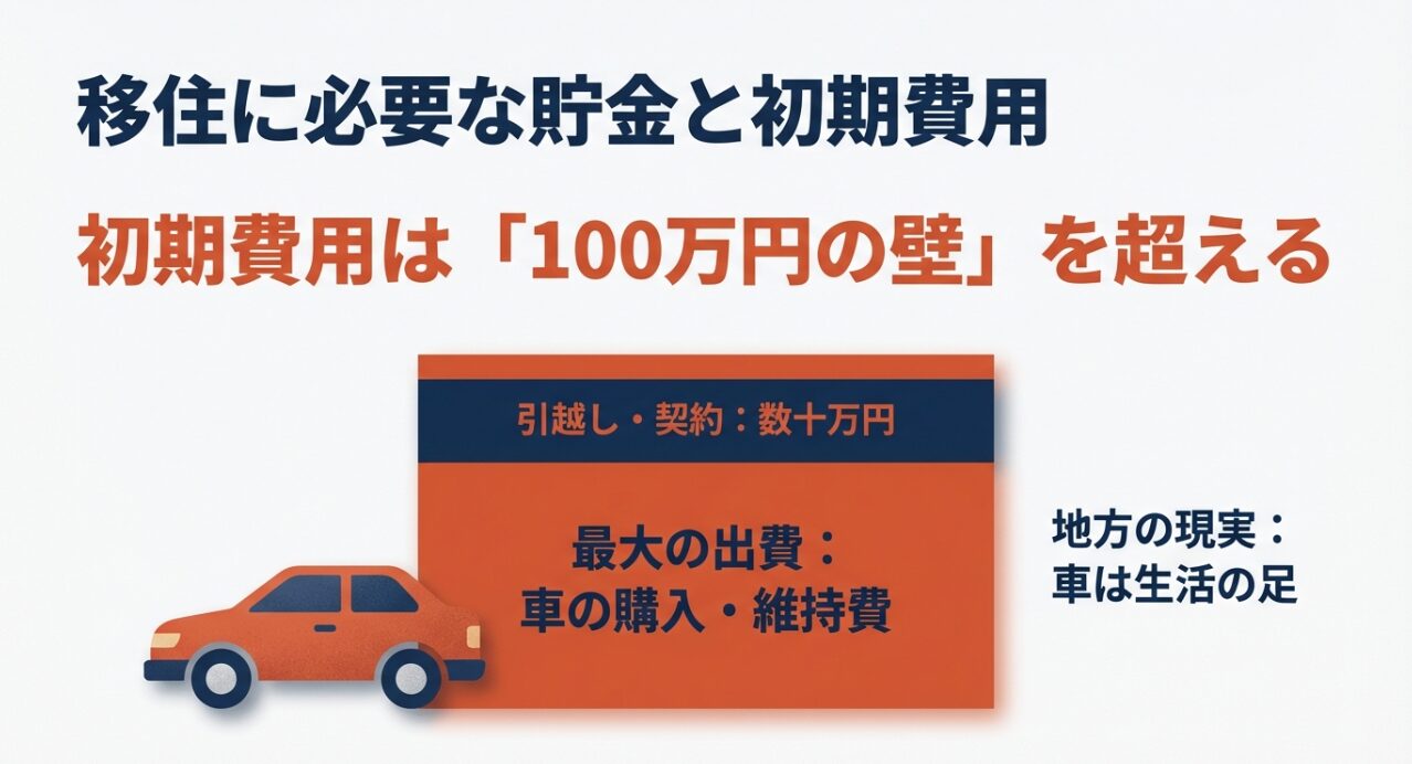 移住の初期費用は100万円の壁を超えることや、最大の出費が車の購入・維持費であることを示すスライド