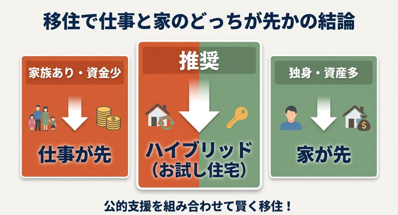 家族あり・資金少なら仕事が先、独身・資産多なら家が先という結論と、推奨するハイブリッド戦略をまとめたマトリクス図のスライド