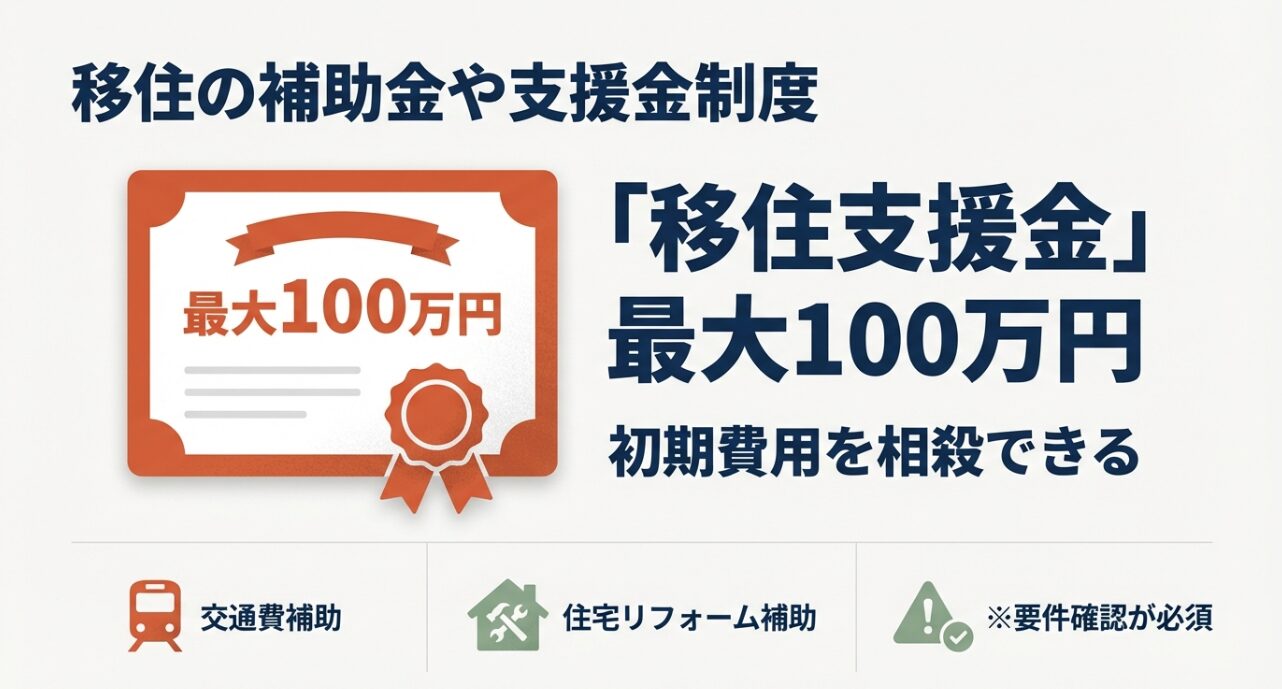 最大100万円の移住支援金や交通費補助などを活用し、移住の初期費用を相殺できることを説明するスライド