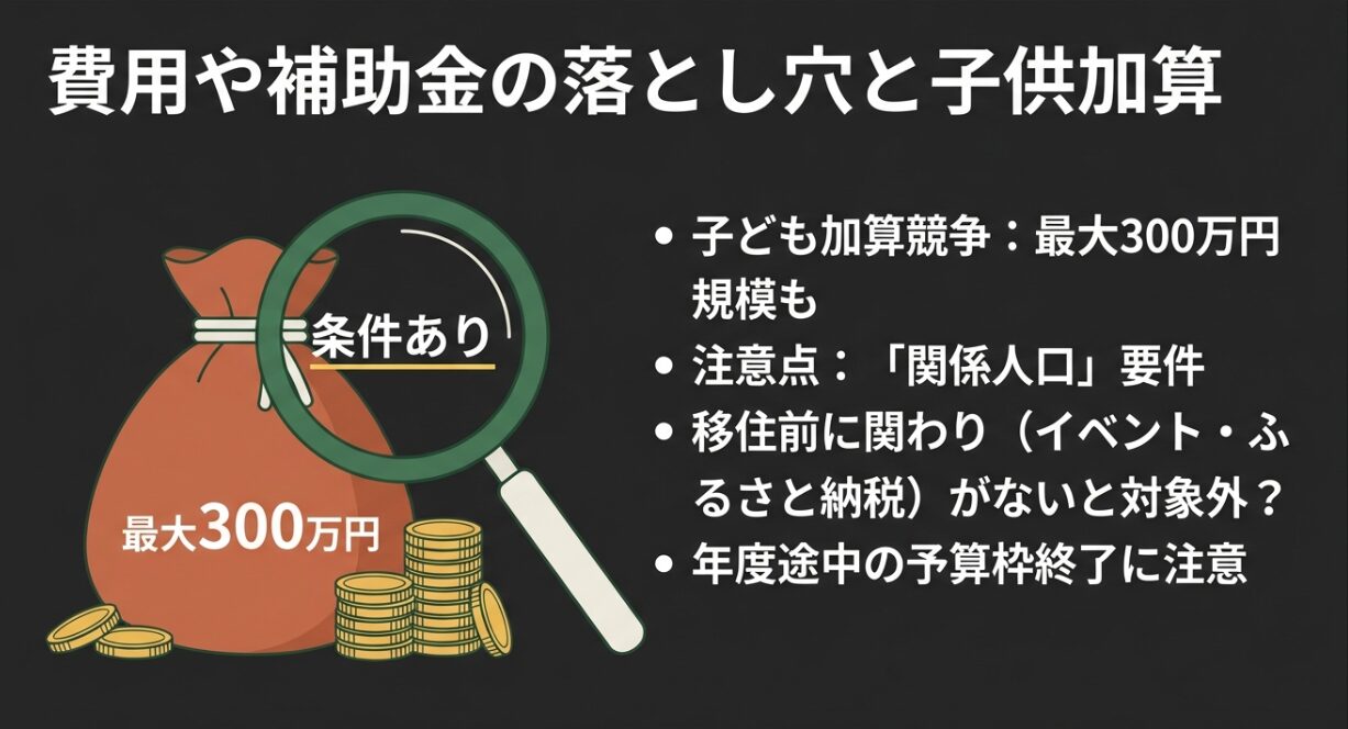 最大300万円の移住支援金と関係人口などの条件を示すイメージ